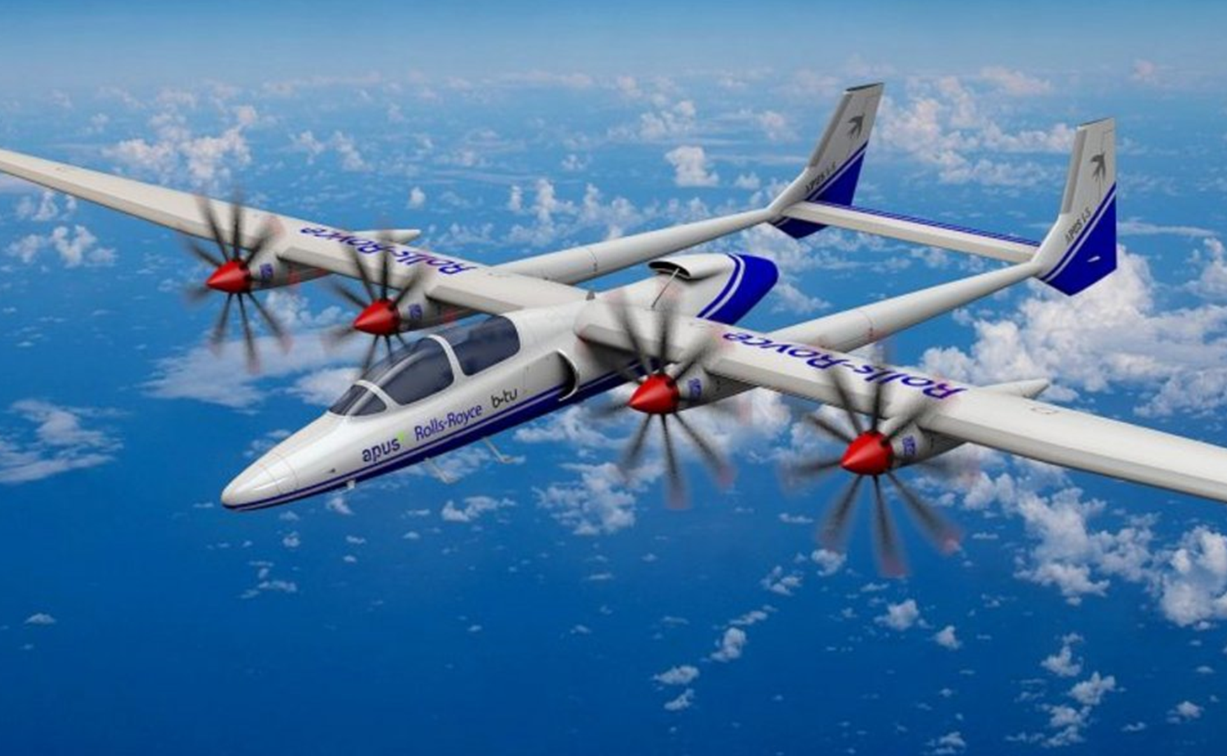 hybrid-elektrisches Flugzeug mit vier Luftschrauben in der Luft fliegend. Darauf sind Rolls-Royce, BTU und apus benannt.