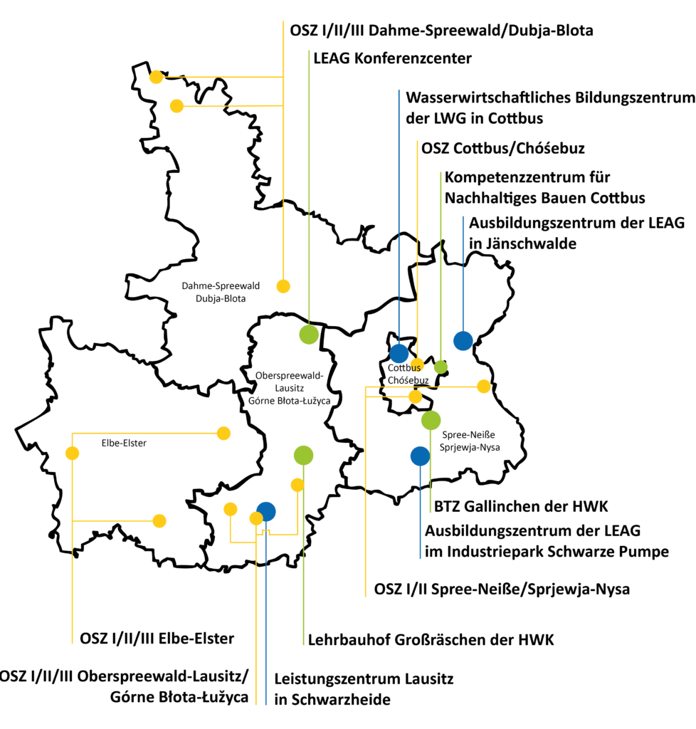 Eine Karte der Lausitz, in der alle Landkreise (Dahme-Spreewald, Elbe-Elster, Oberspreewald-Lausitz, Spree-Neiße und Cottbus) eingezeichnet sind. zudem sind die Standorte für Verbundausbildungs- und Oberstufenzentren in der Lausitz räumlich verortet. Bei den Verbundausbildungsstätten handelt es sich um das Leistungszentrum Lausitz in Schwarzheide (Betreiber TÜV Rheinland), das Wasserwirtschaftliche Bildungszentrum der LWG in Cottbus, das Ausbildungszentrum der Deutschen Bahn in Jänschwalde und das Ausbildungszentrum der LEAG im Industriepark Schwarze Pumpe. Zudem gibt es in jedem Landkreis mehrere Oberstufenzentren: drei in Dahme-Spreewald, drei im Landkreis Elbe-Elster, drei in Oberspreewald-Lausitz, zwei in Spree-Neiße und ein OSZ in Cottbus. An jedem Standort können verschiedene Ausbildungsberufe erlernt werden. Mehr Infos dazu befinden sich auf den Seiten der jeweiligen Ausbildungsstätte.