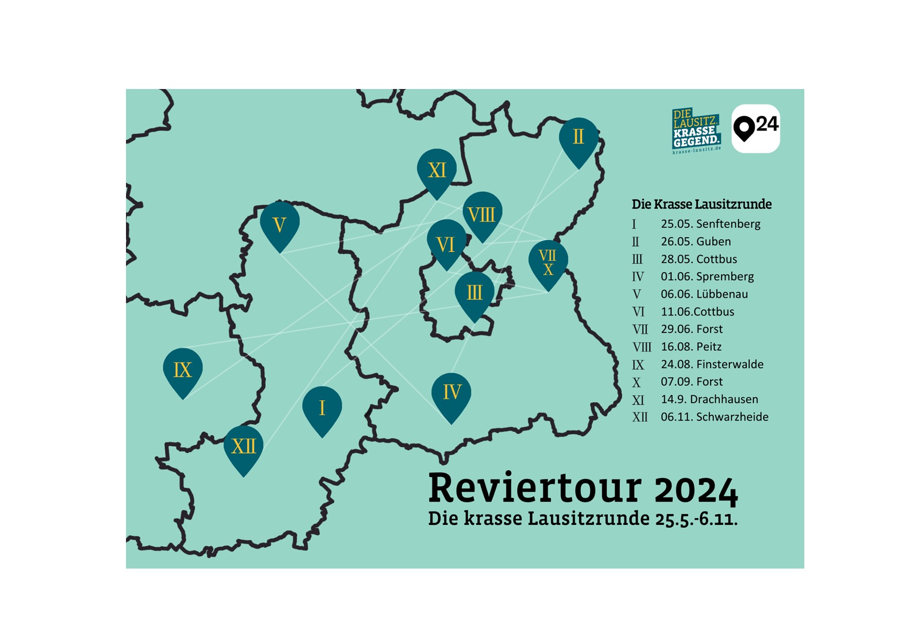 Lausitzkarte mit Stopps der Reviertour 2024