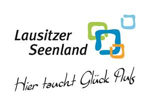 Ein Logo mit der Aufschrift: Lausitzer Seenland. Hier taucht Glück auf. 