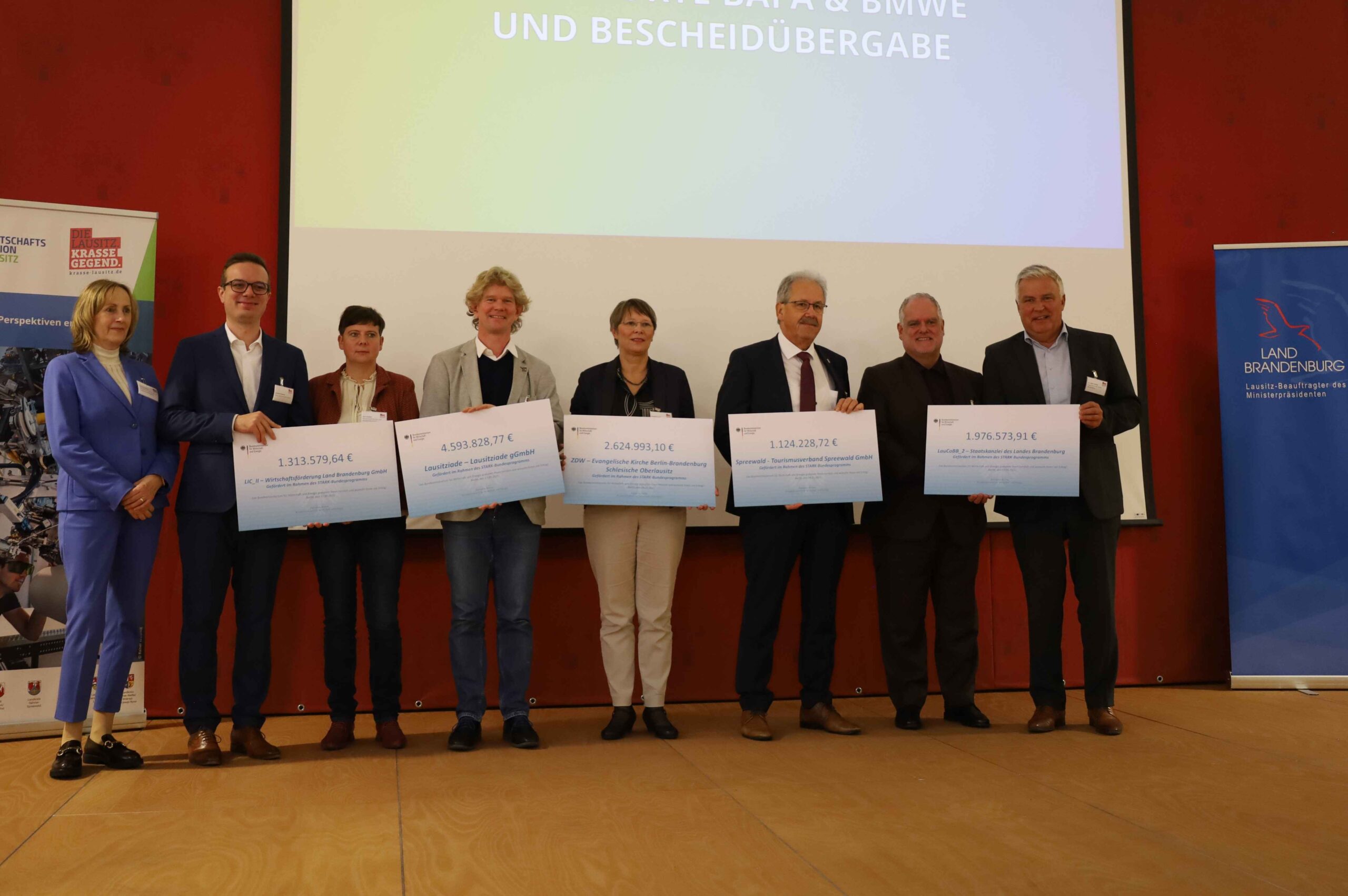 Vertreterinnen und Vertreter des Bundesministeriums für Wirtschaft und Energie sowie des Bundesamtes für Wirtschaft und Ausfuhrkontrolle überreichten in Guben mehrere Förderbescheide an Lausitzer STARK-Projekte – ein starkes Signal für den weiteren Weg des Strukturwandels in der Region. („v. l. n. r.: Martina Becker, Abteilungsleiterin für Wirtschafts- und Mittelstandsförderung des Bundesamtes für Wirtschaft und Ausfuhrkontrolle, Andreas Schwerin, wirtschaftsförderung Sachsen,